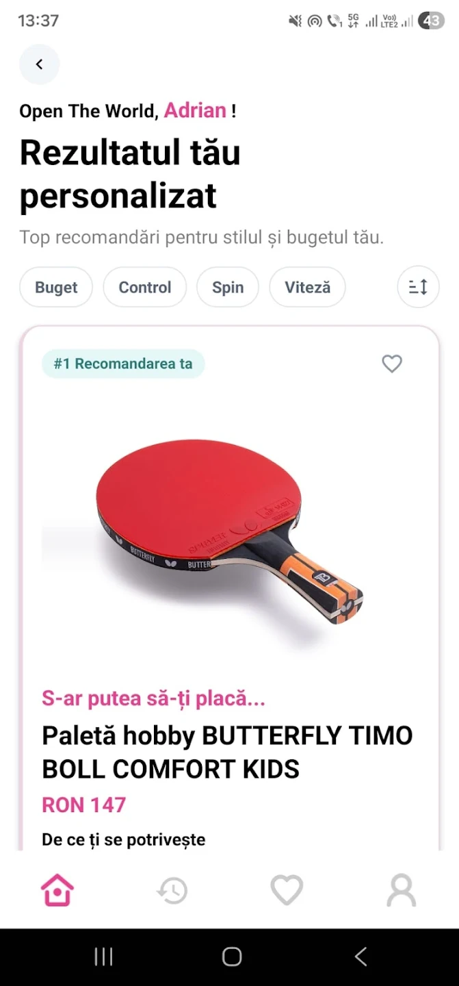 My Butterfly — ecran start chestionar recomandări palete tenis de masă