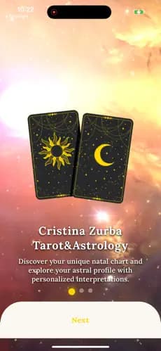Aplicația Cristina Zurba: flux de lectură tarot pe categorii de viață