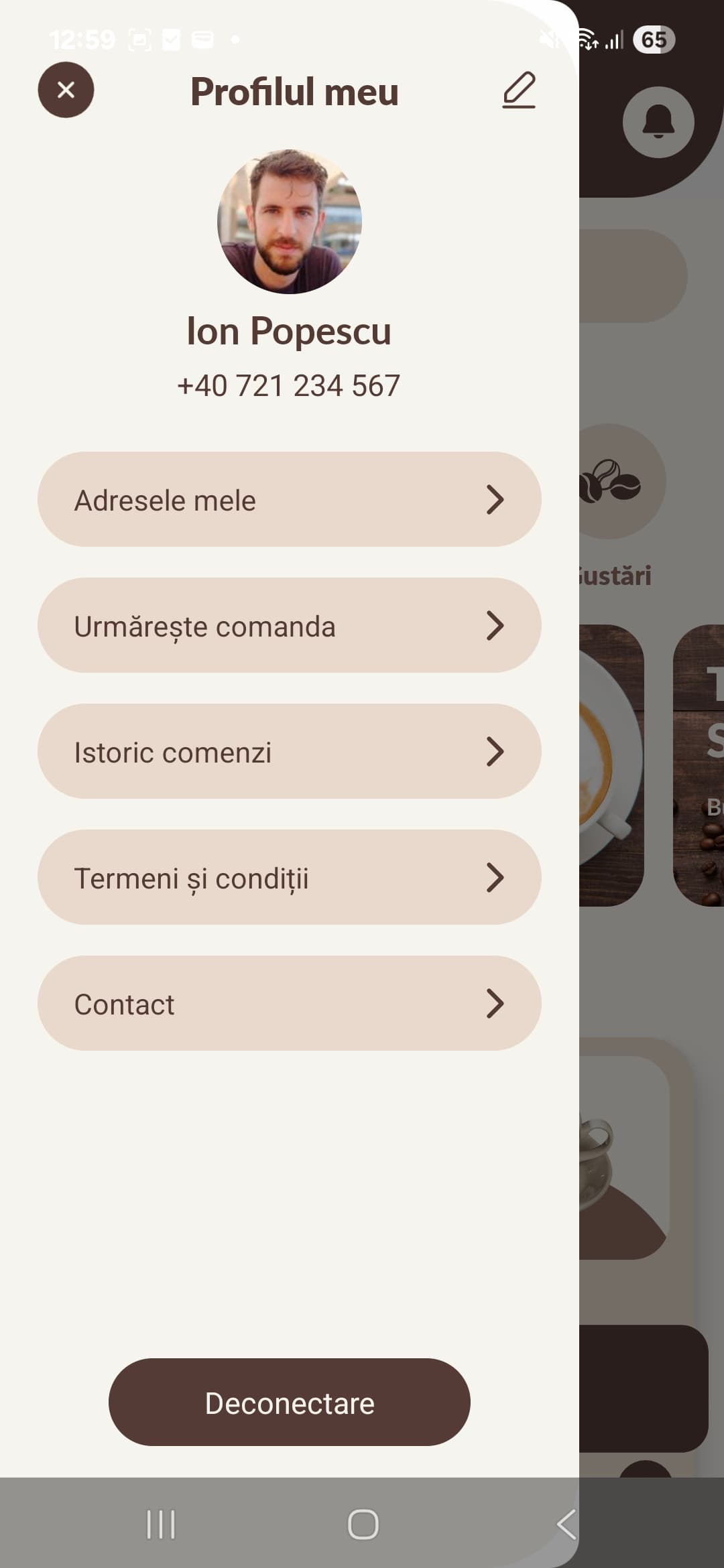 Coffee Buzz — catalog băuturi și produse în aplicația cafenelei