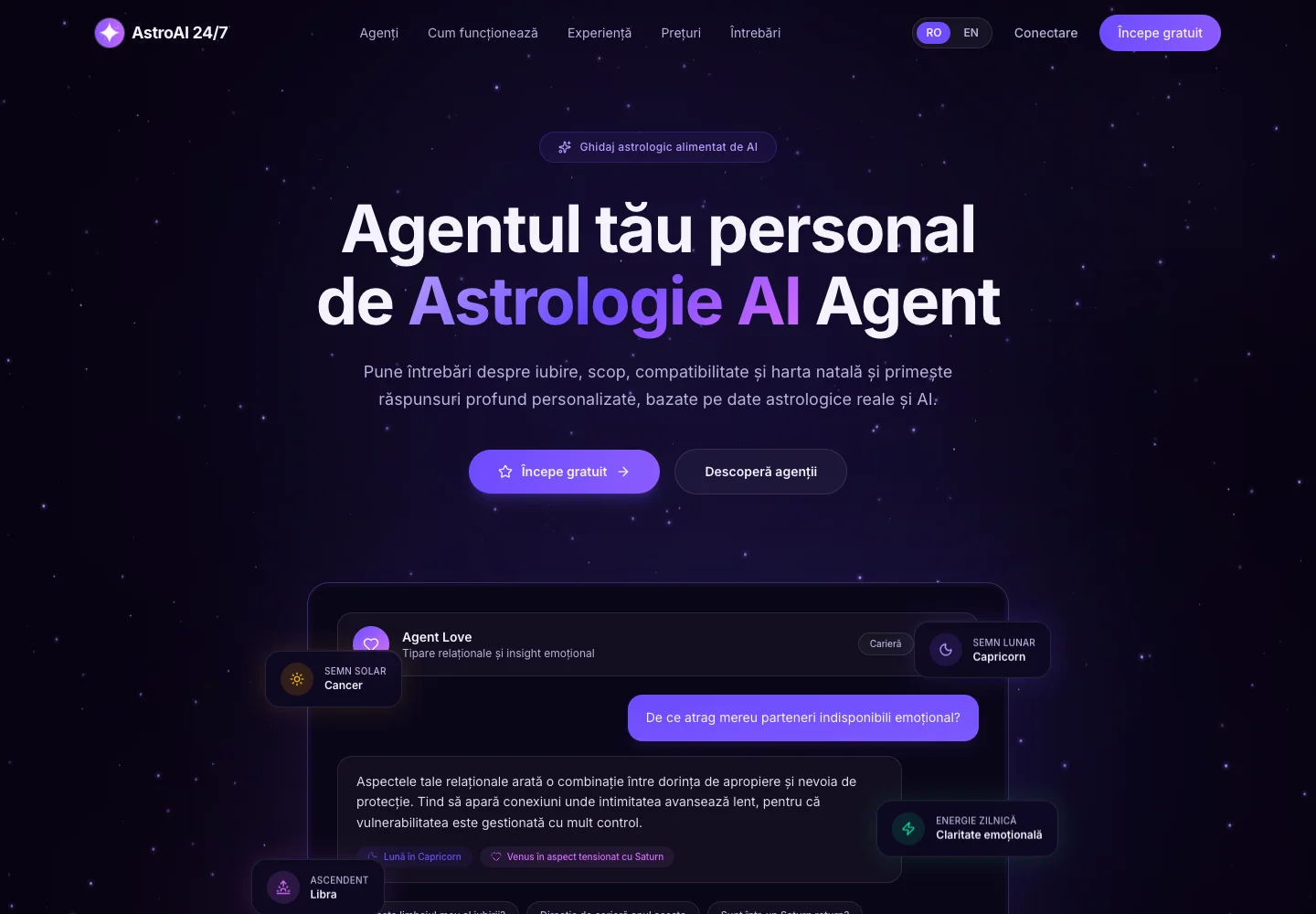 AstroAI 24/7: pagina publică în limba română