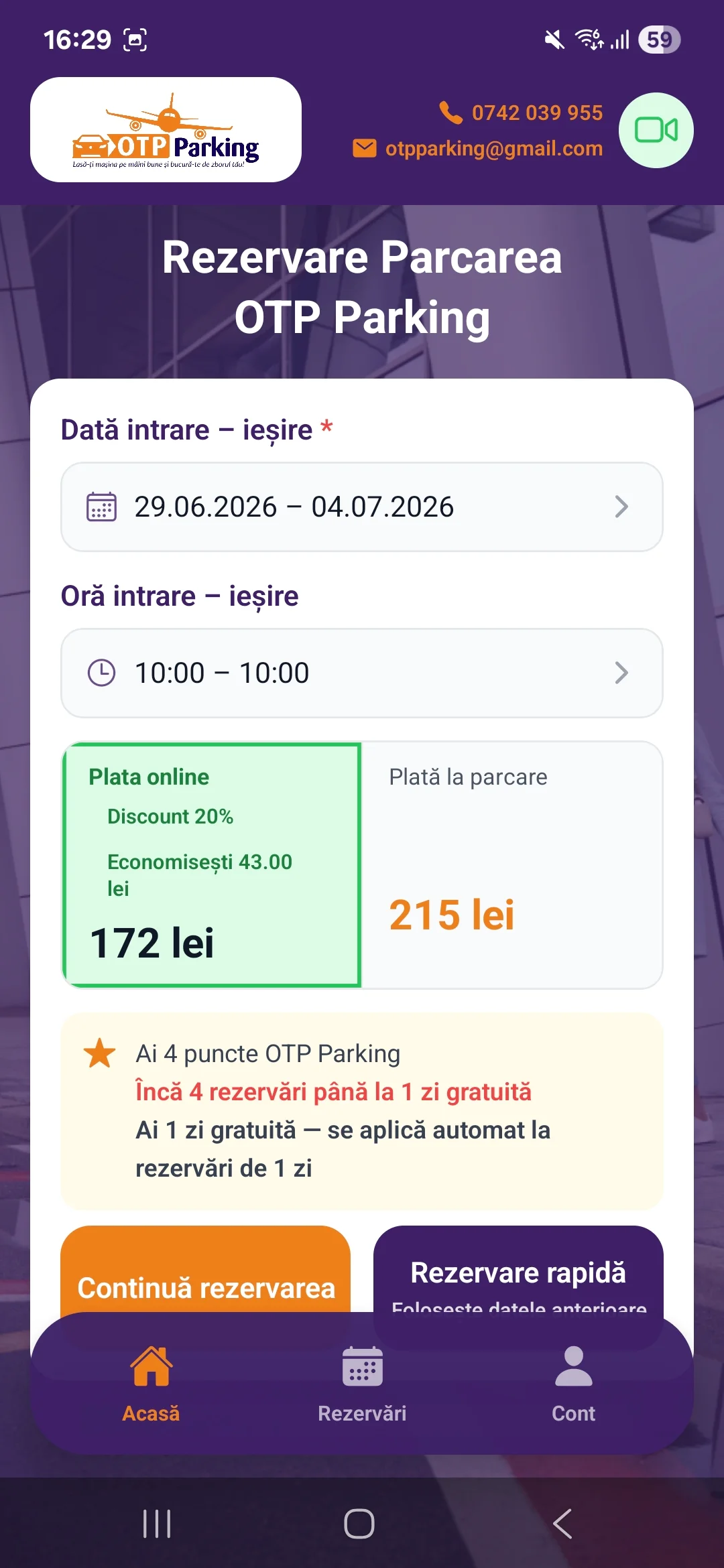 OTP Parking: ecran din parcursul clientului pe telefon