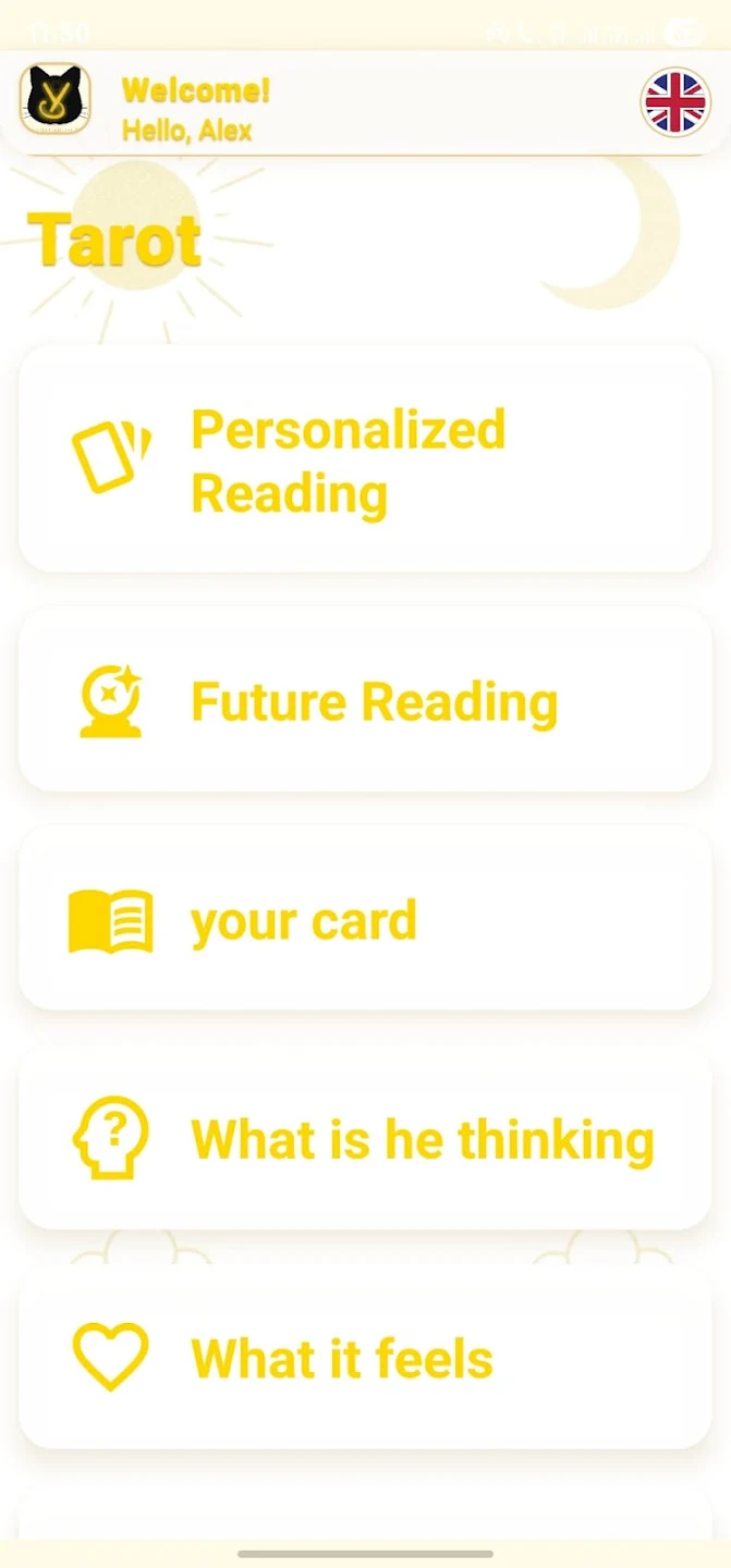 Ecran principal aplicația Cristina Zurba Tarot și Astrology — categorii de lecturi