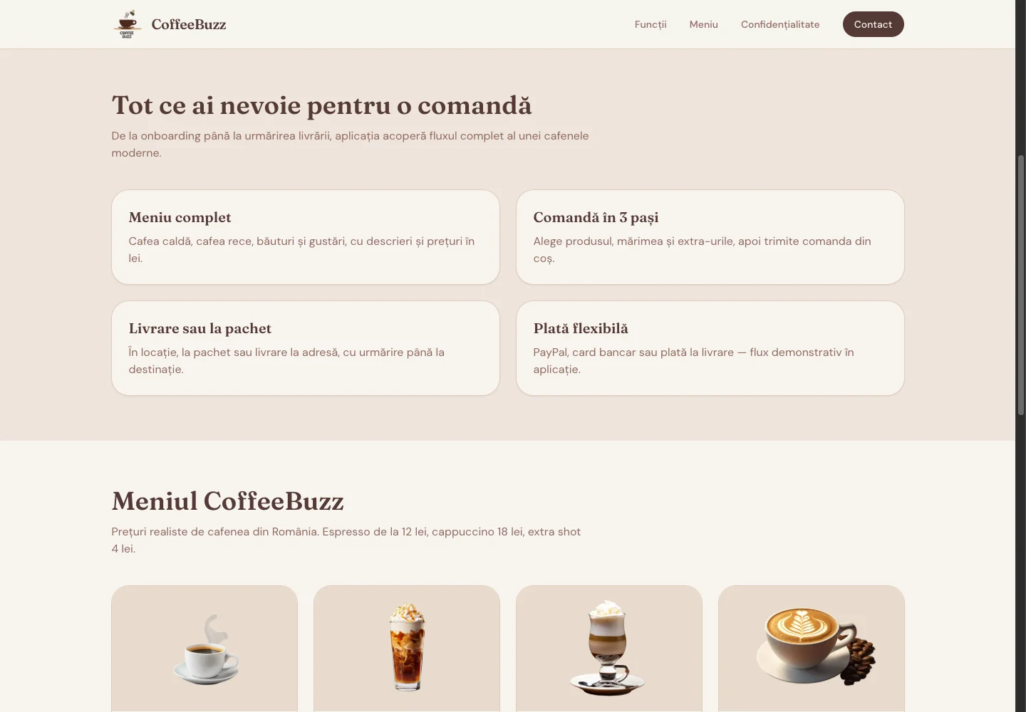 CoffeeBuzz: funcțiile și meniul aplicației