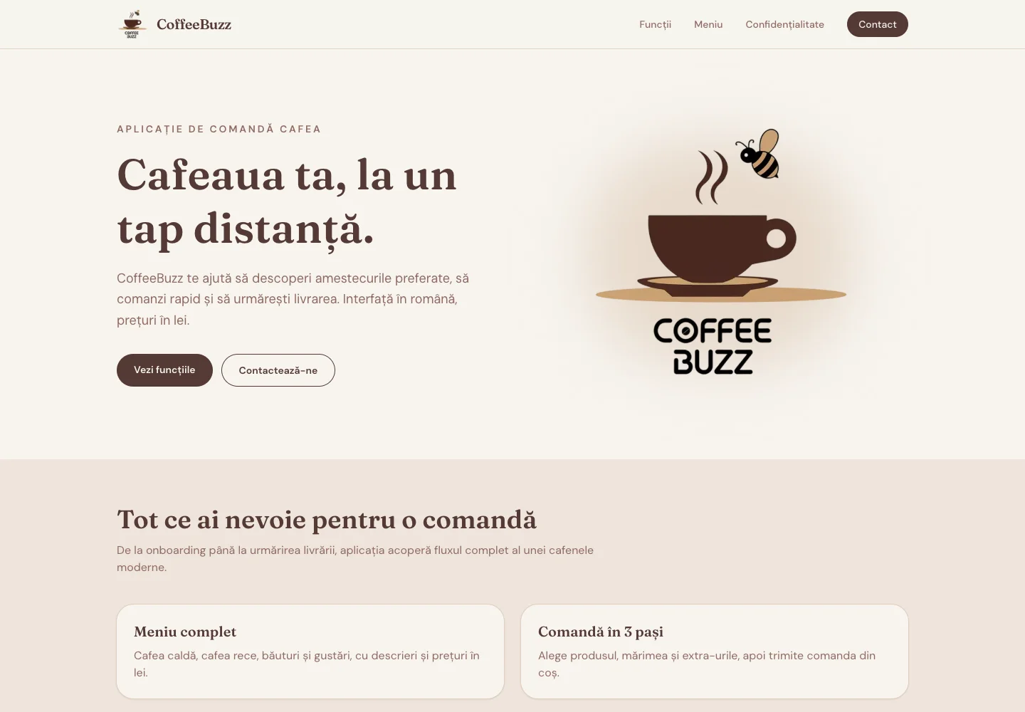 Website CoffeeBuzz cu mesajul Cafeaua ta, la un tap distanță
