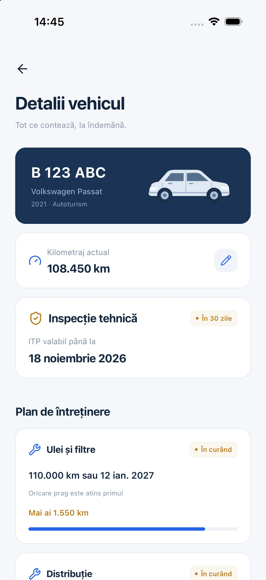 Fișa vehiculului Volkswagen Passat în aplicația iOS
