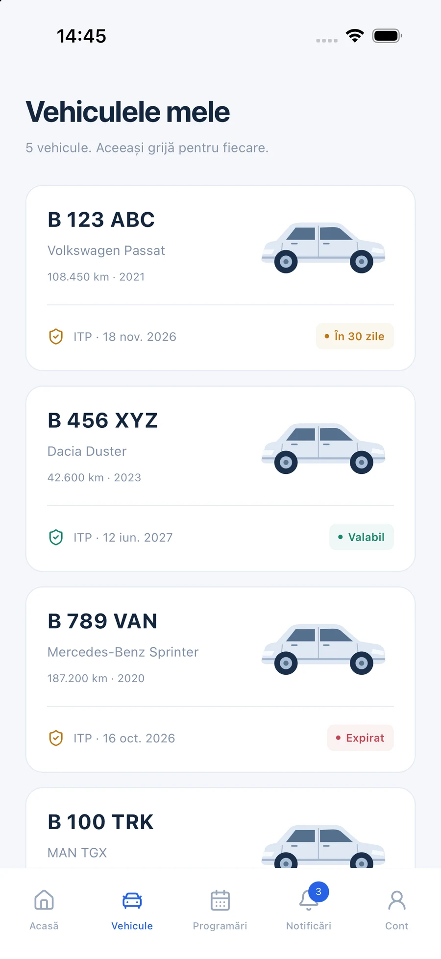Lista vehiculelor clientului în aplicația ITP White Label