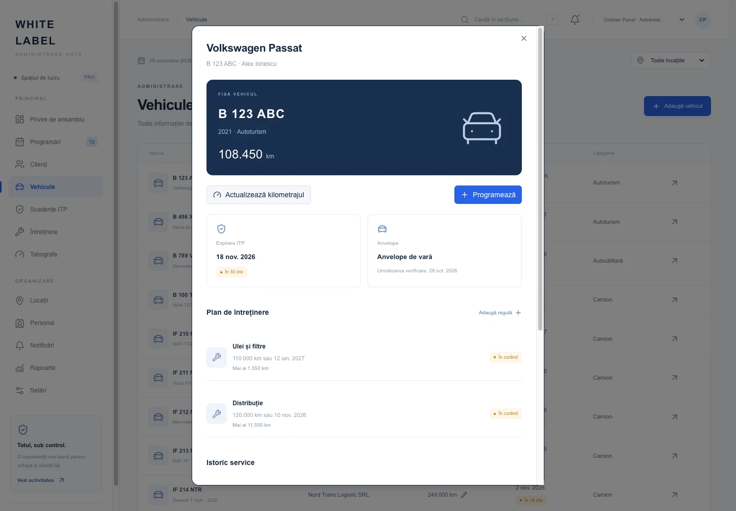 Fișa Volkswagen Passat cu kilometraj și plan de întreținere