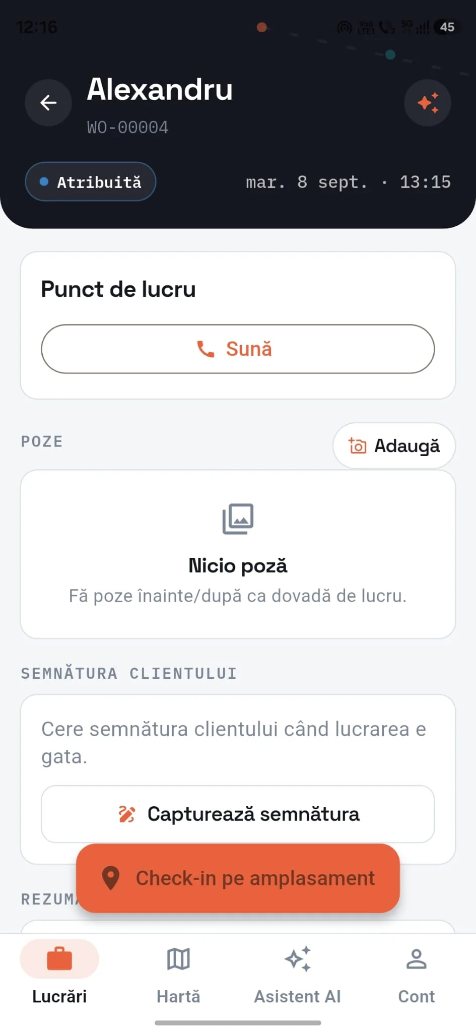 Operio: ecran al aplicației pentru tehnicieni, din Google Play